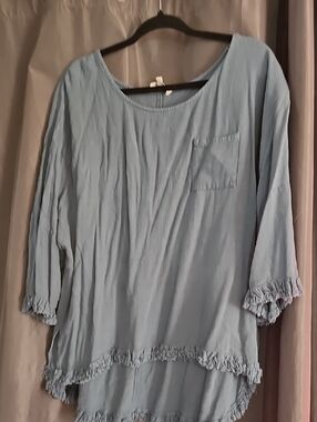 Umgee Light Blue Scoop Neck Tunic with Fringed Hem